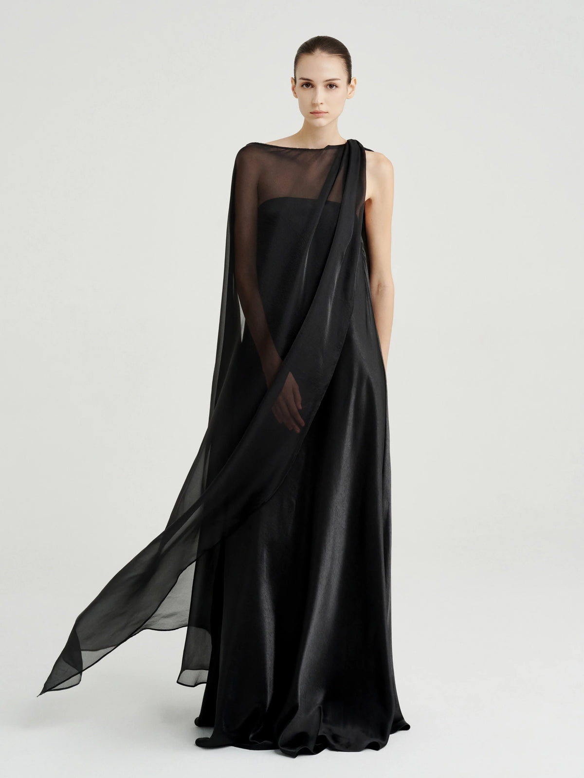 Strapless Satin Maxi Dress with Sheer Cape Overlay by COCOSIN