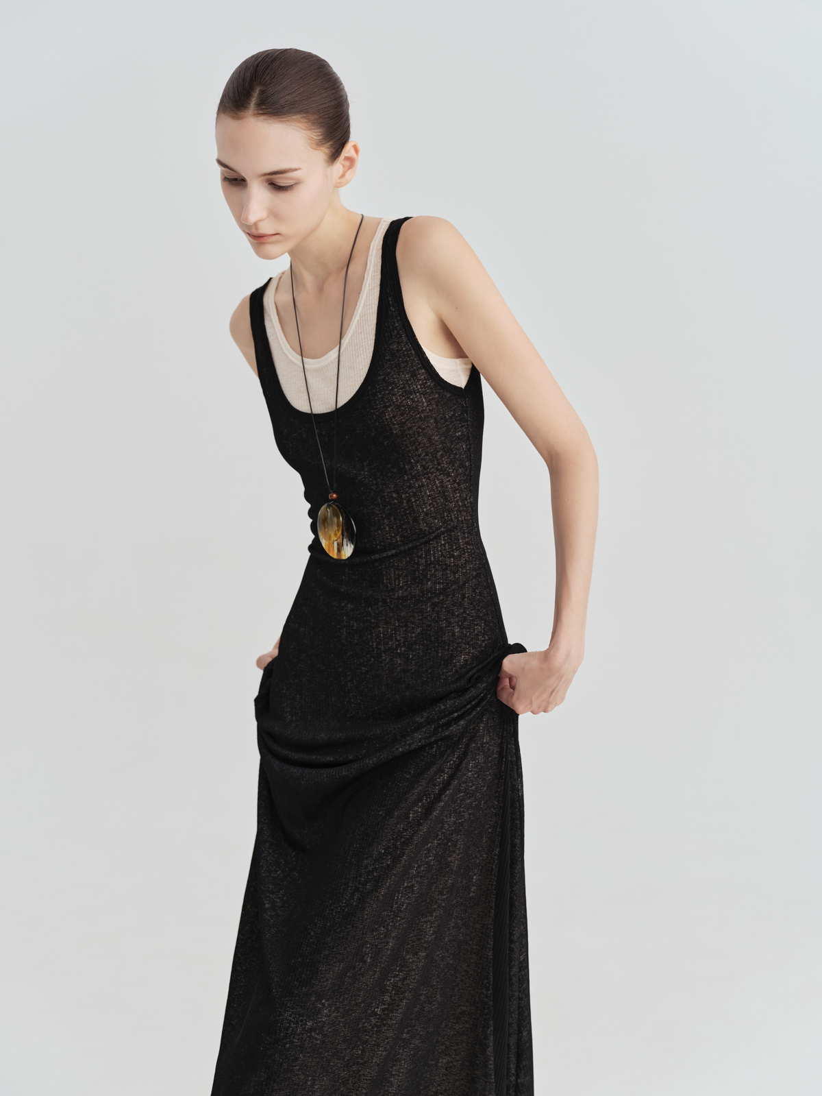 Black Ribbed Layered Tank Maxi Dress by COCOSIN