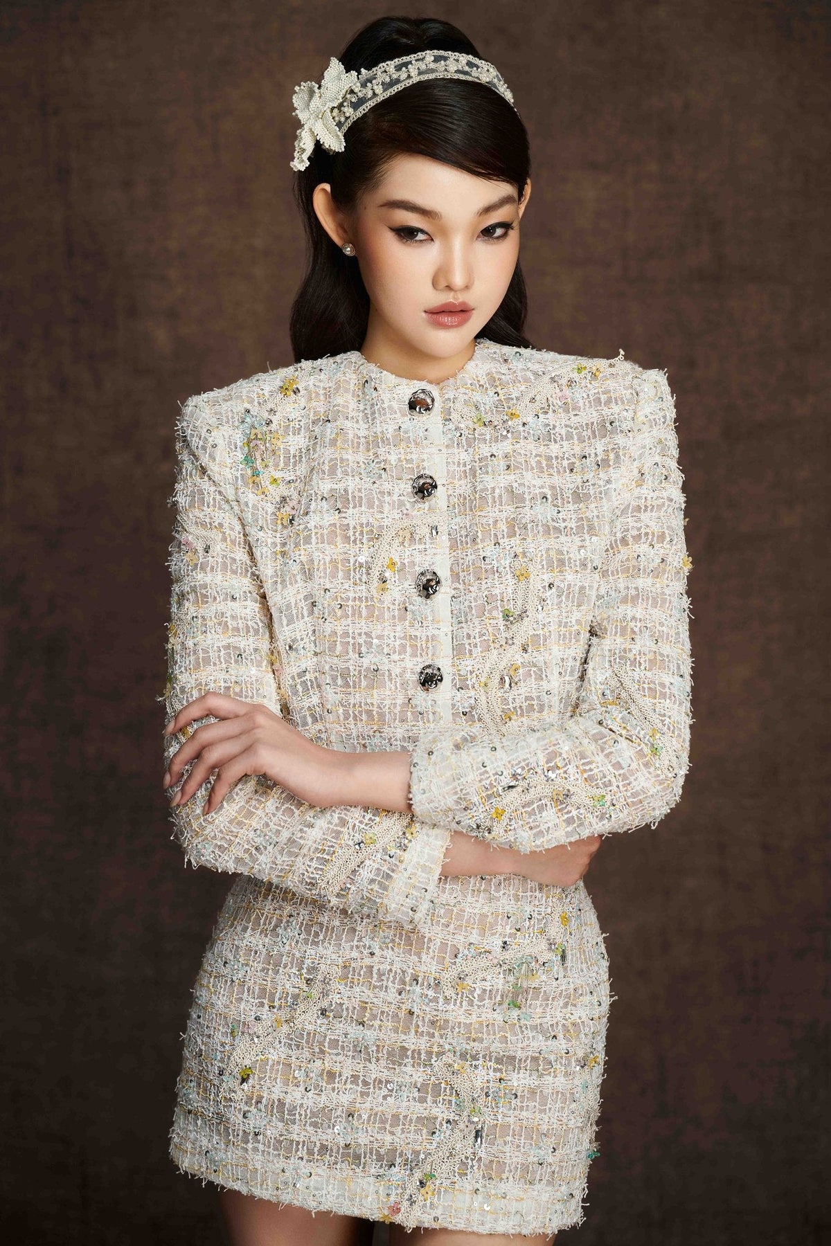 Beige Embroidered Crop Blazer by Keira Tong
