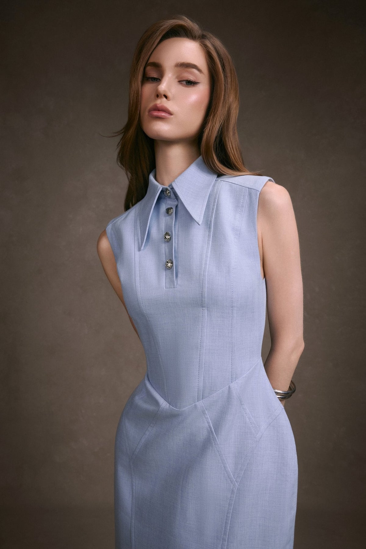 Pastel Blue Sleeveless Shirt Dress by Keira Tong