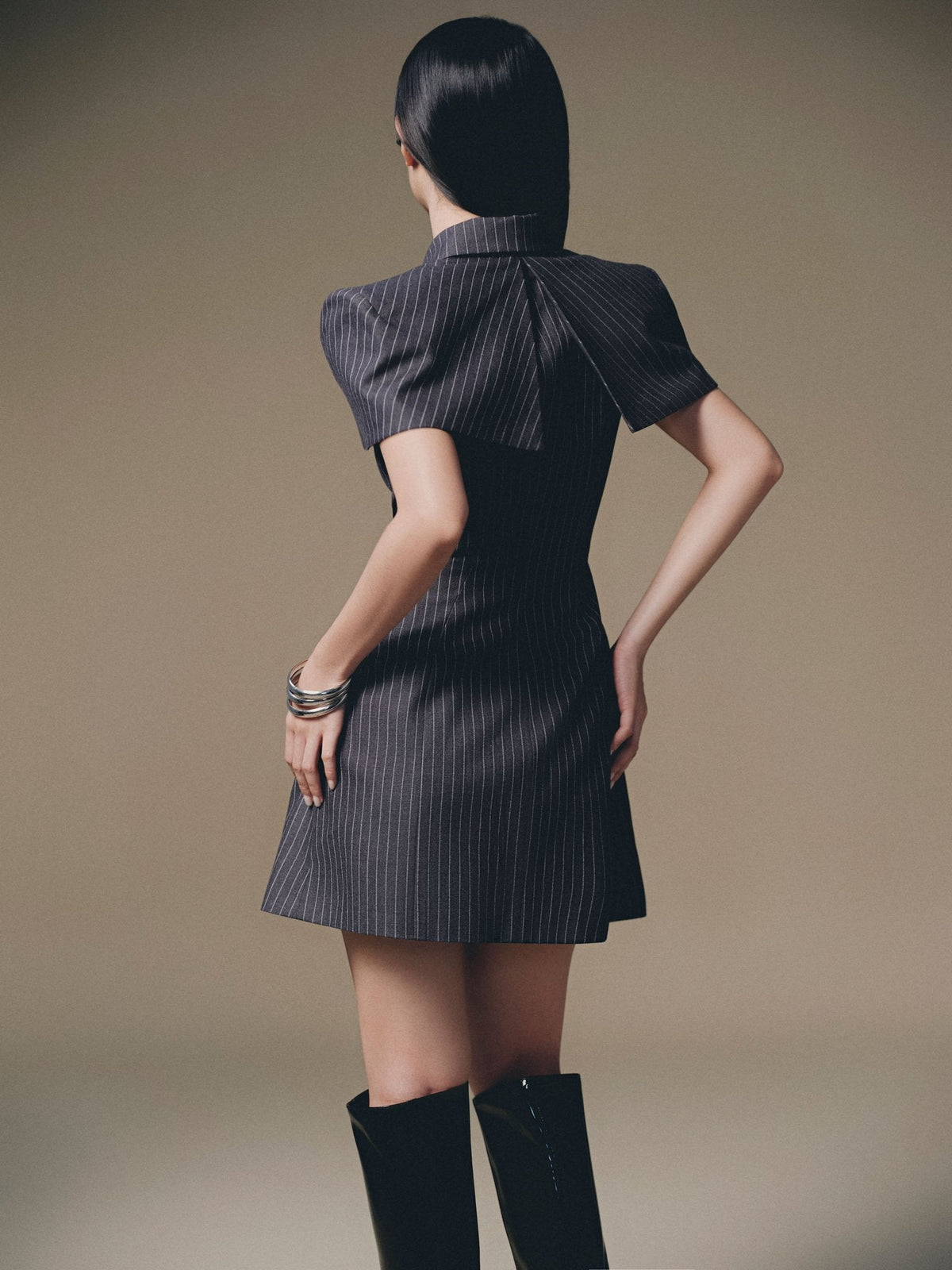 Grey Stripped Mini Shirt Dress by Keira Tong