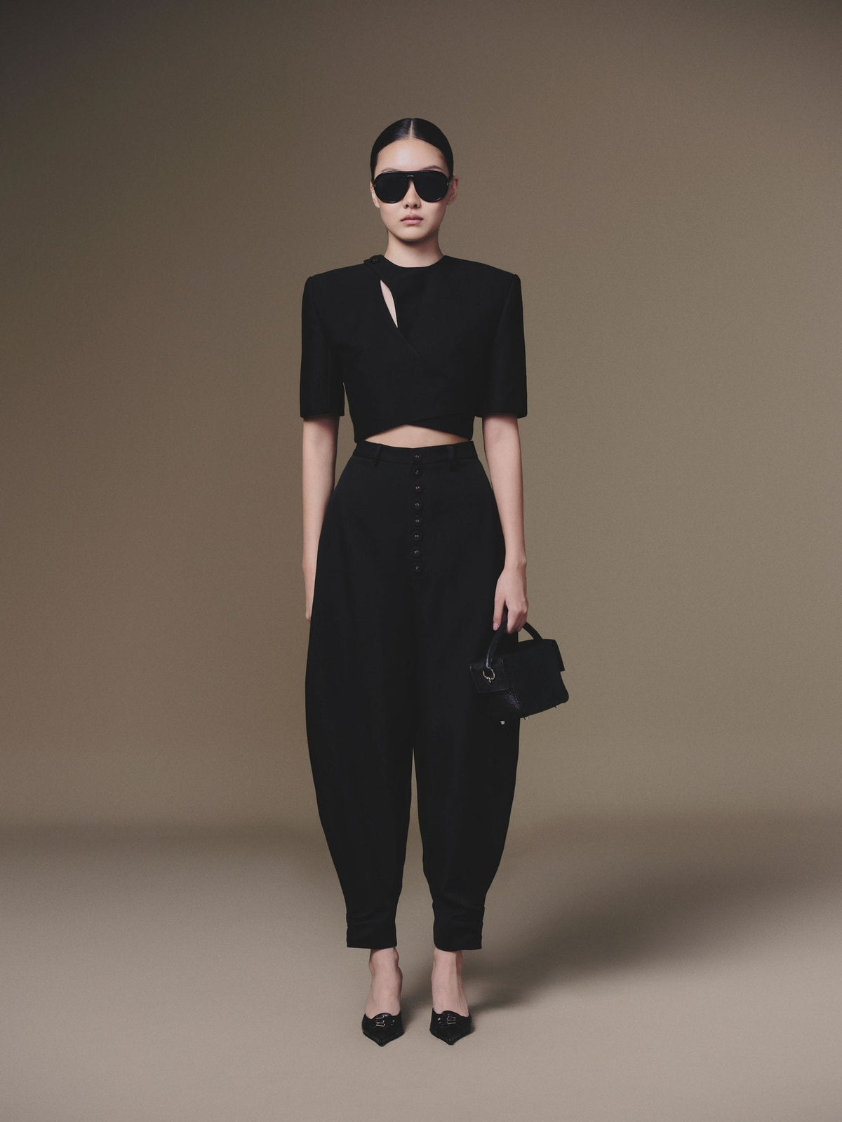 Black Diagonal Wrap Top by Keira Tong