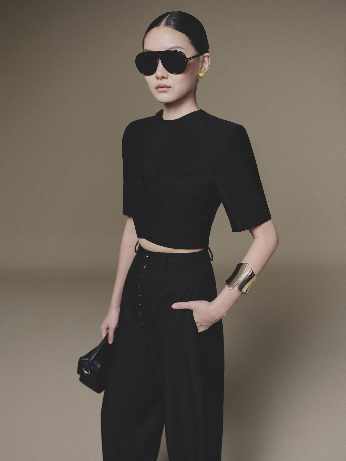 Black Diagonal Wrap Top by Keira Tong