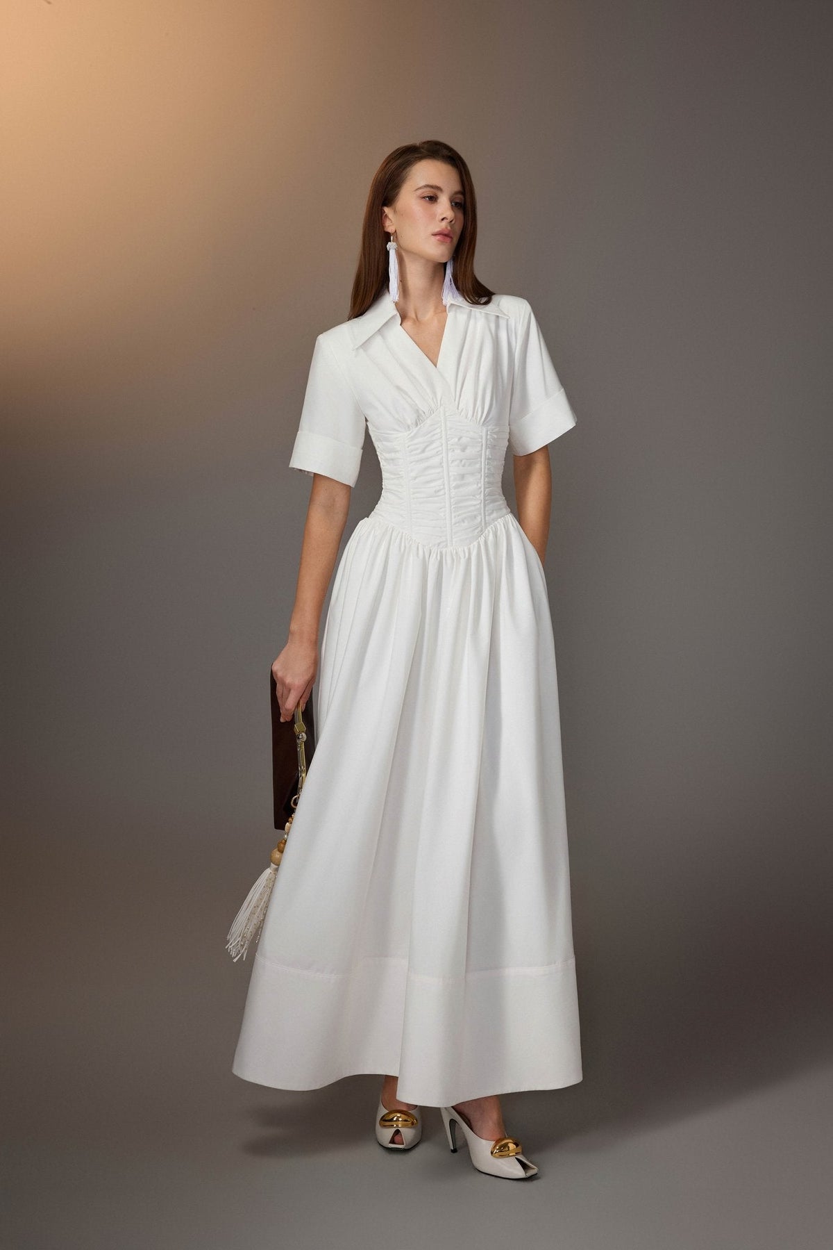 White Ruching Shirt Dress by Keira Tong