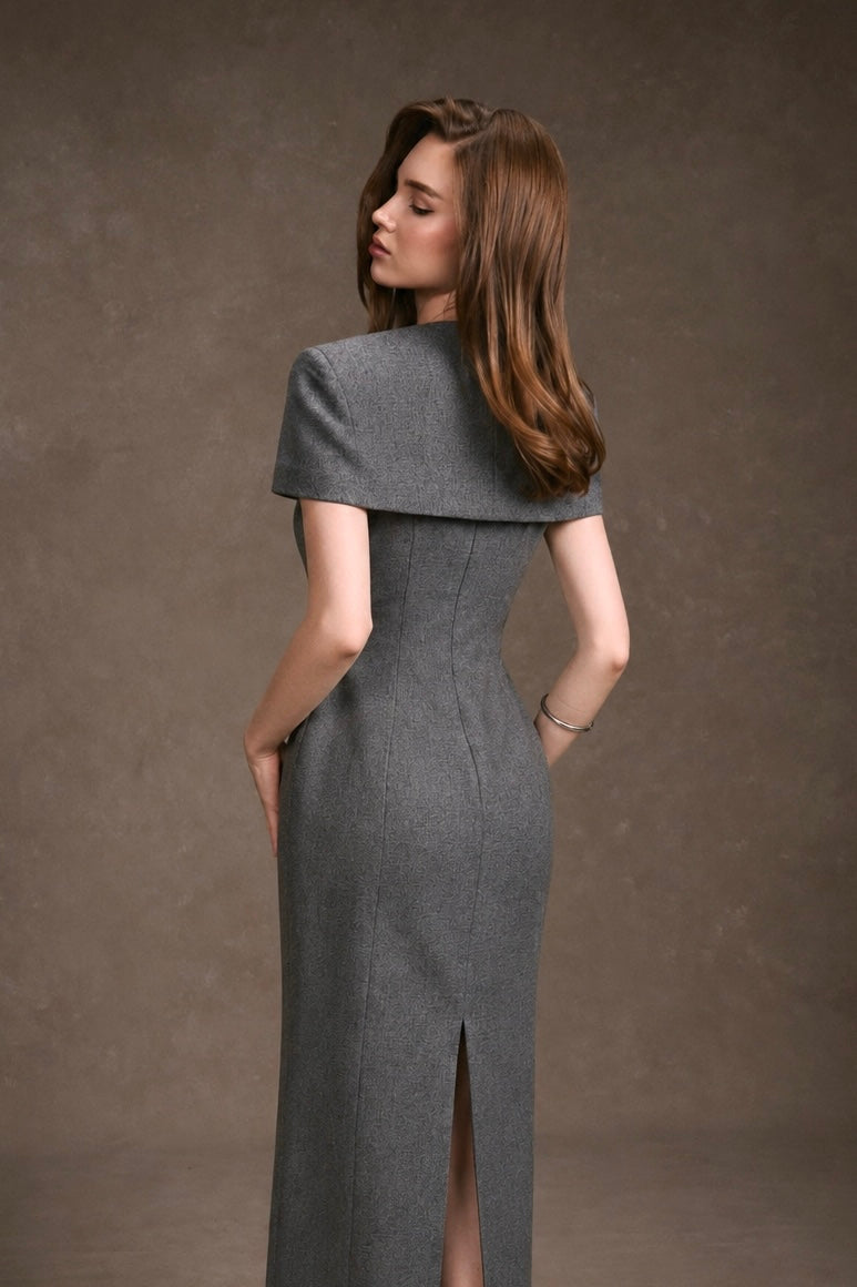 Gray Cape Buttons Dress by Keira Tong