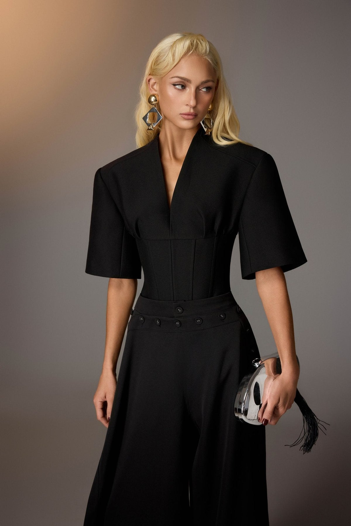 Black Puff-sleeve Corset Top by Keira Tong