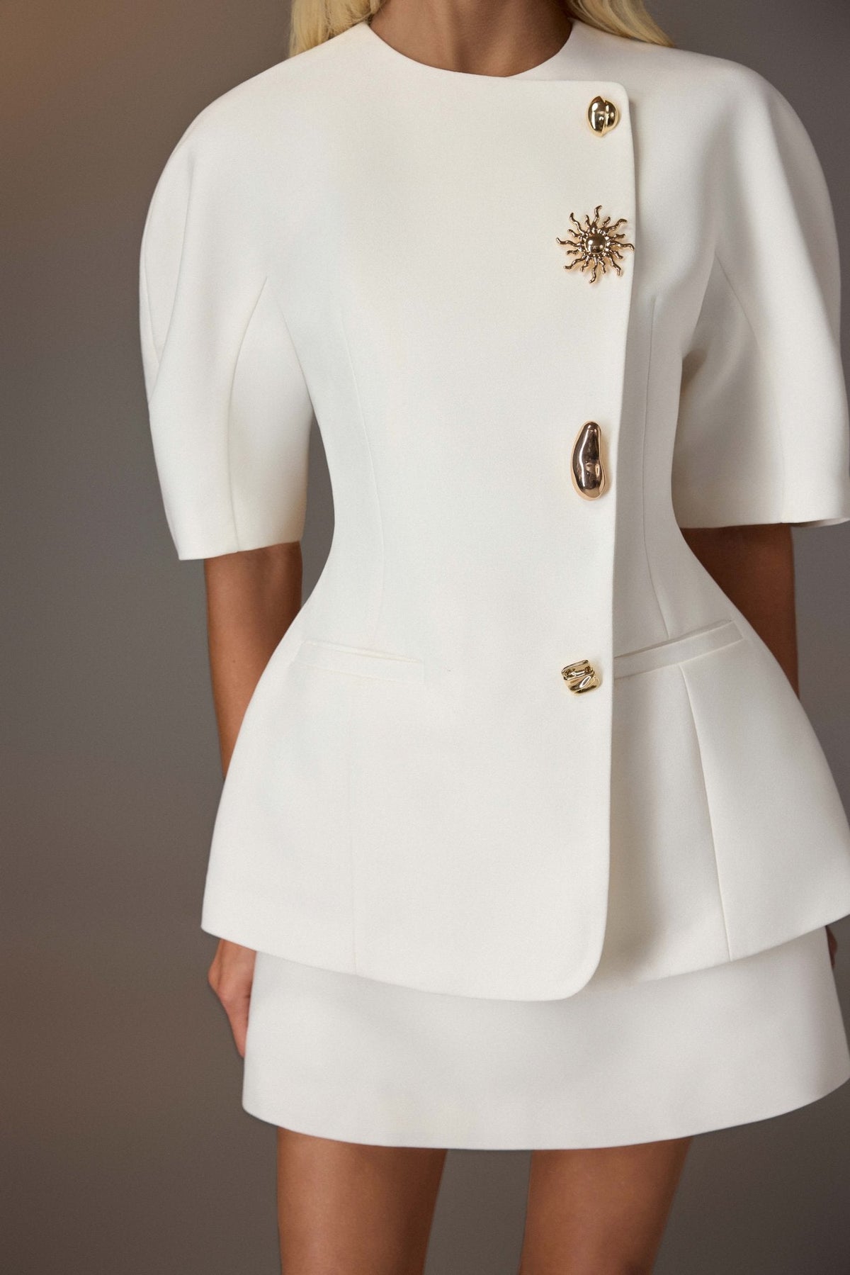 White Puff-sleeve Button Blazer by Keira Tong
