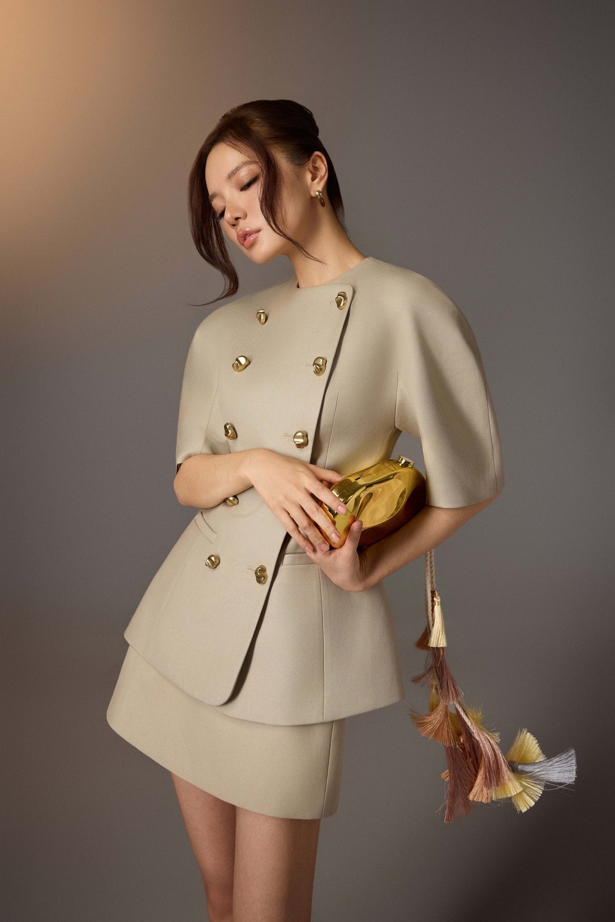 Beige Minimal Mini Skirt by Keira Tong