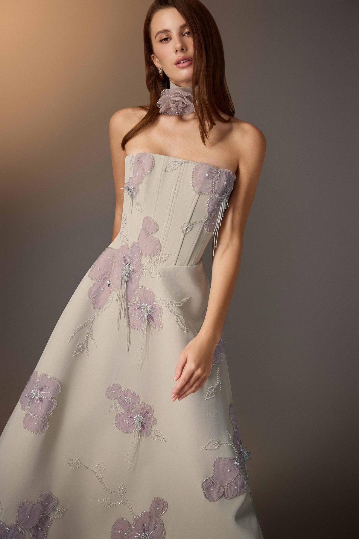 Beige Floral Embroidered Corset Dress by Keira Tong