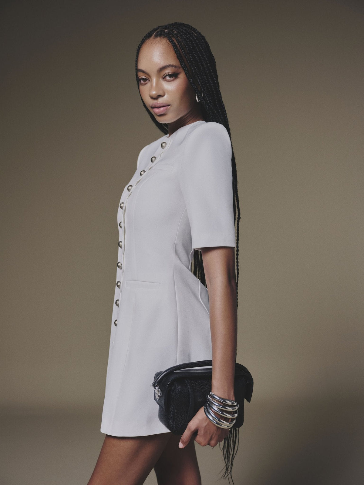 White Buttoned Mini Dress by Keira Tong