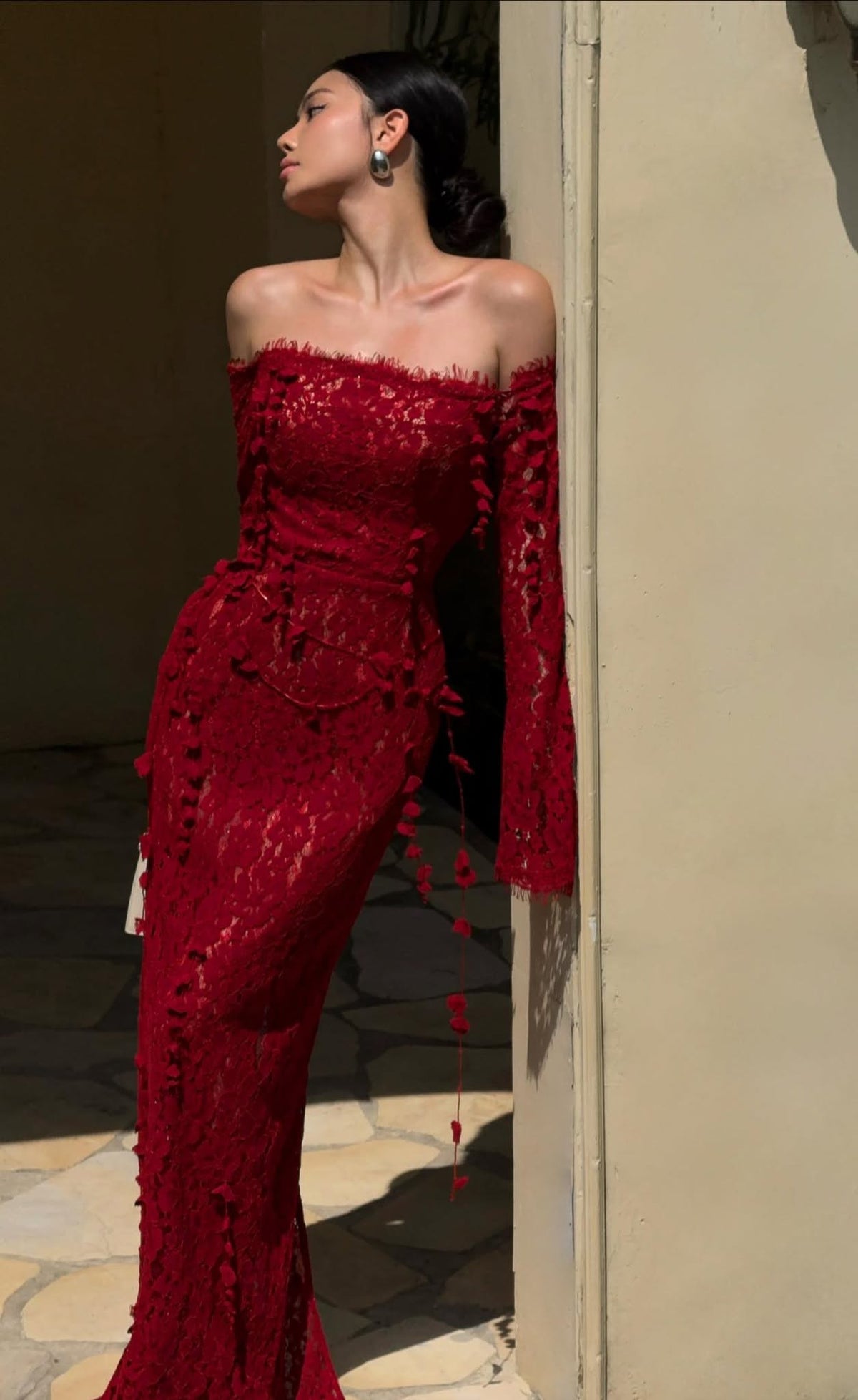 Red Embroidered Vine Dress by Keira Tong