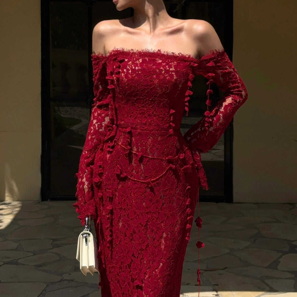 Red Embroidered Vine Dress by Keira Tong