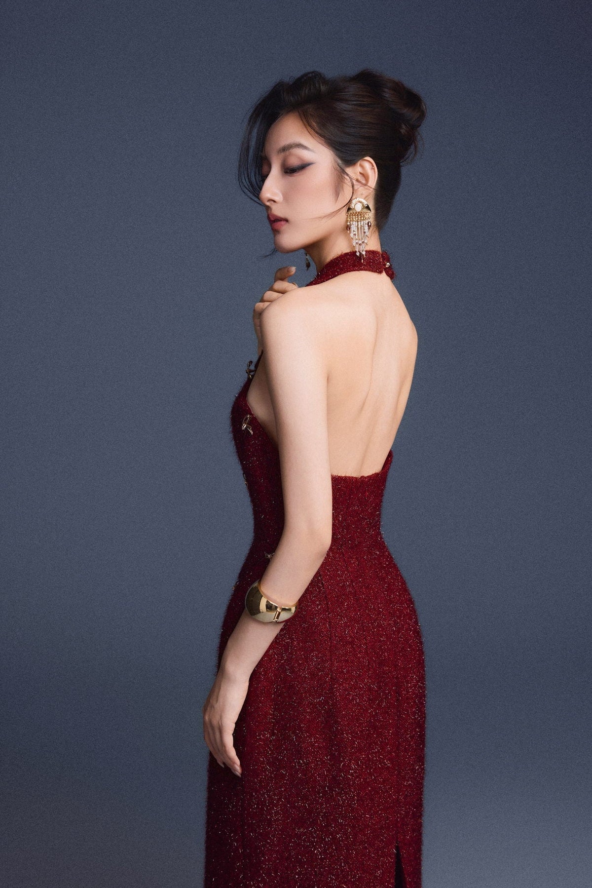 Wine Red Checkered Cut-out Dress by Keira Tong