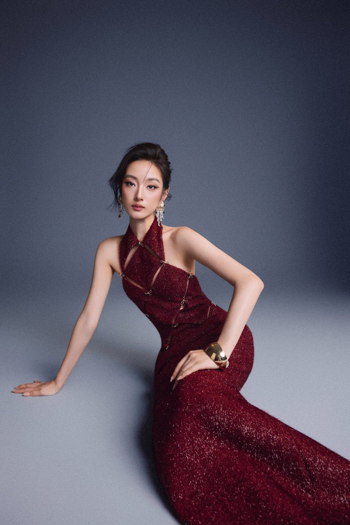 Wine Red Checkered Cut-out Dress by Keira Tong