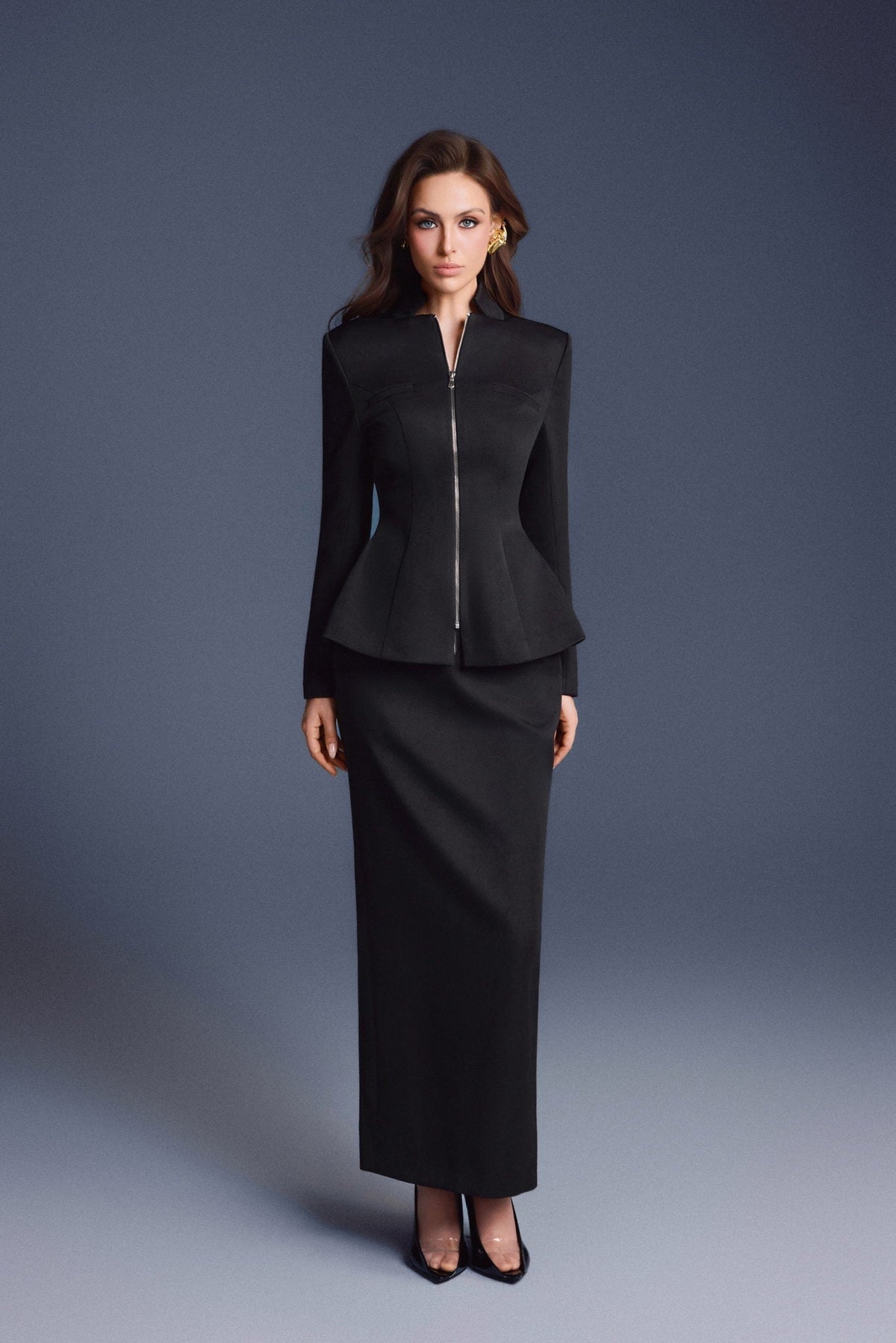 Black Zipper Peplum Top by Keira Tong