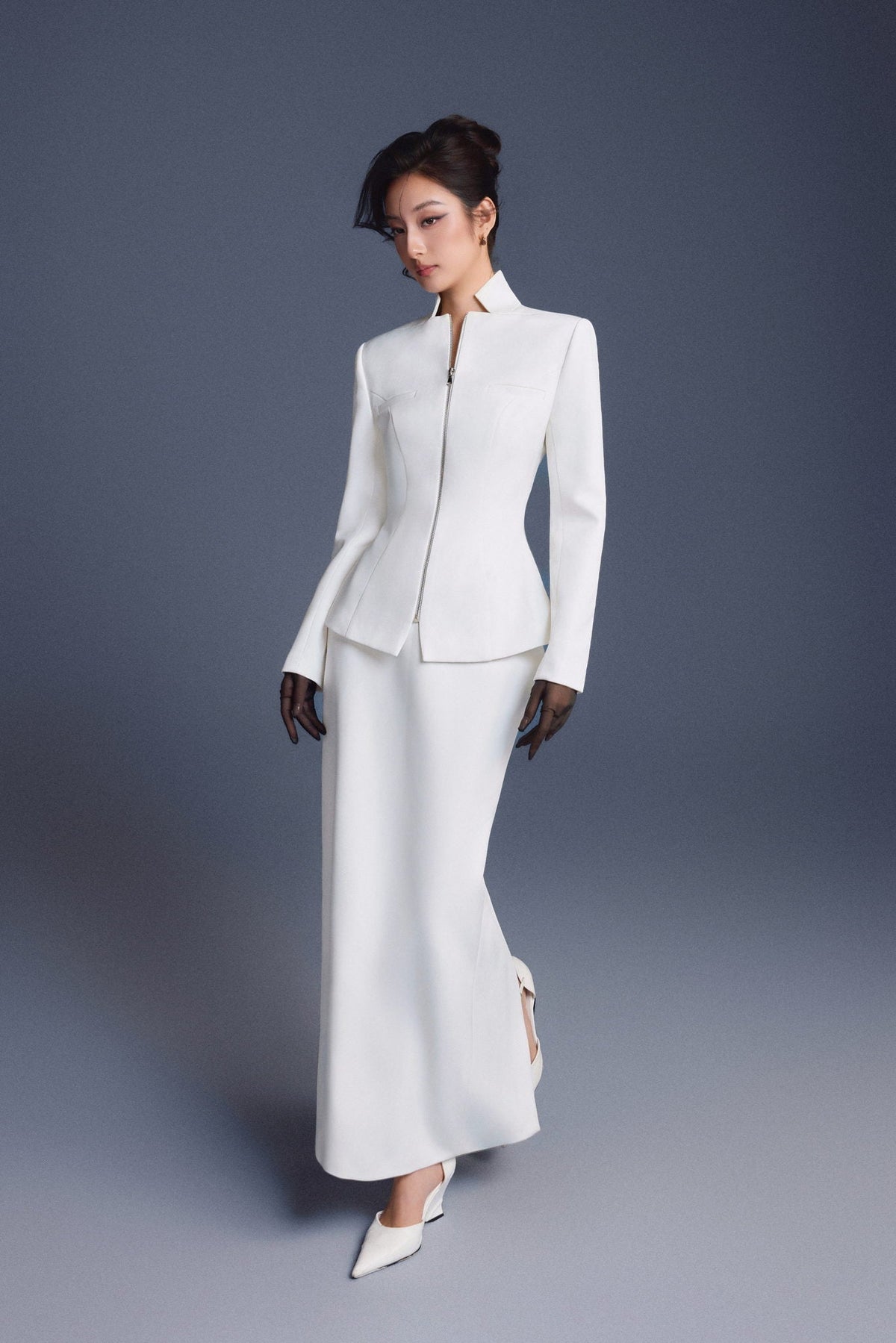 White Zipper Corset Pencil Skirt by Keira Tong