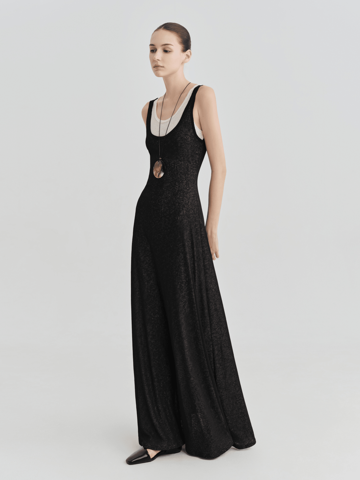 Black Ribbed Layered Tank Maxi Dress by COCOSIN