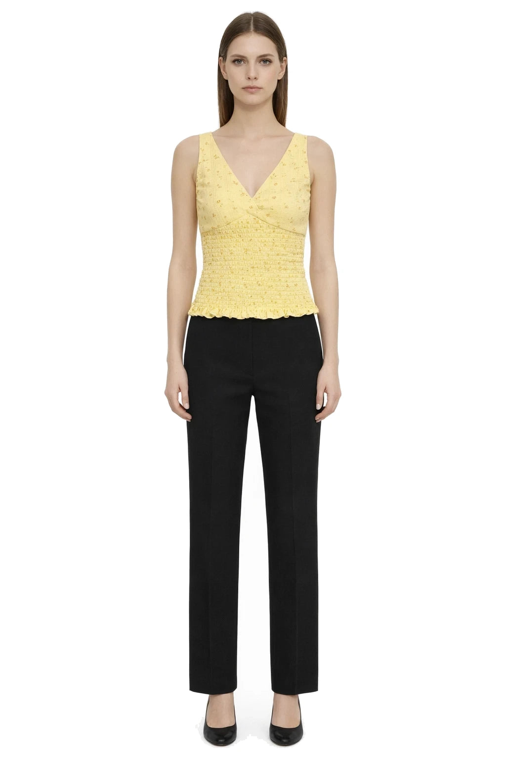 Yellow floral sleeveless smocked V-neck top by OLV