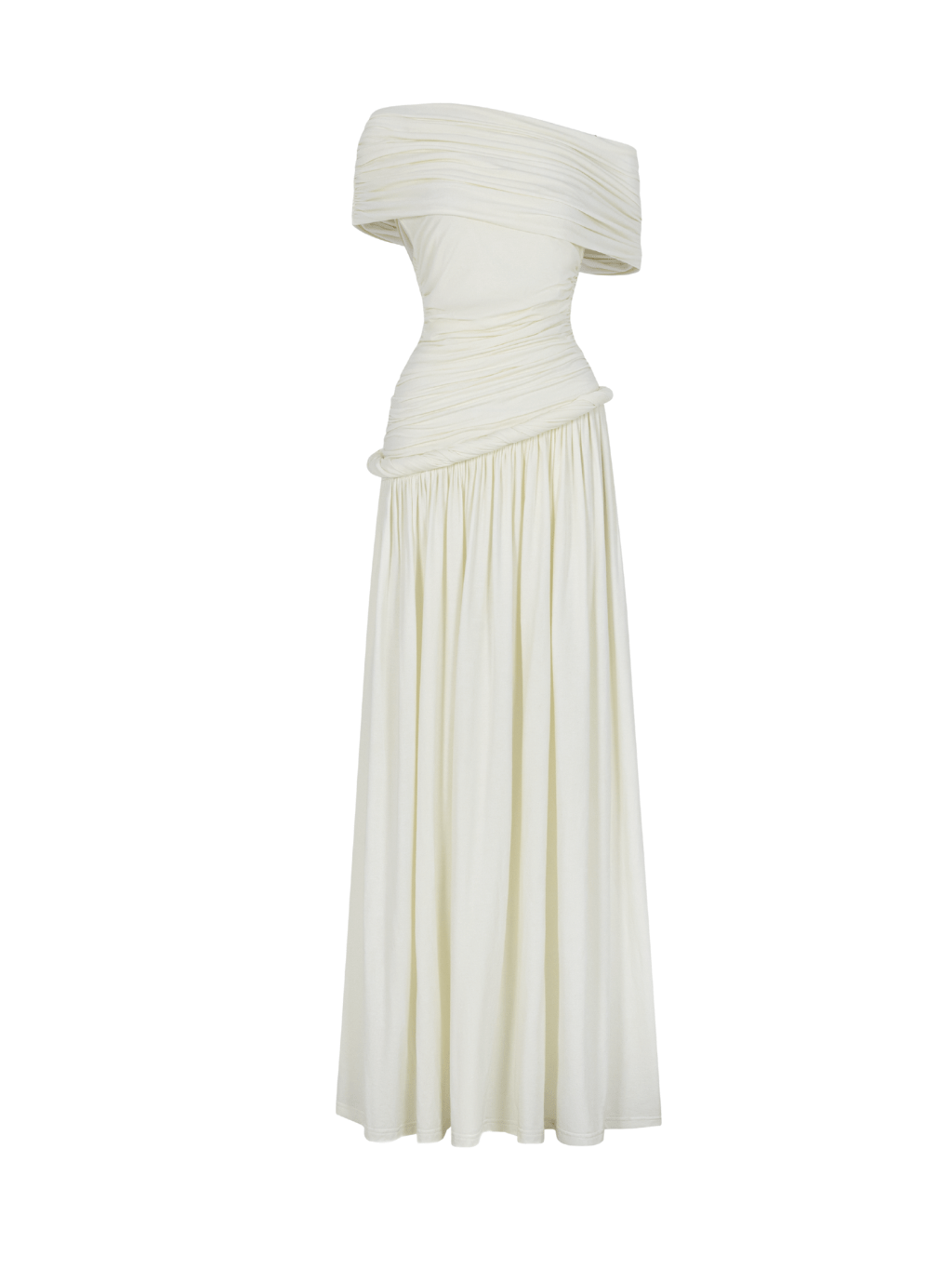 Ivory Off-Shoulder Draped Maxi Dress by COCOSIN