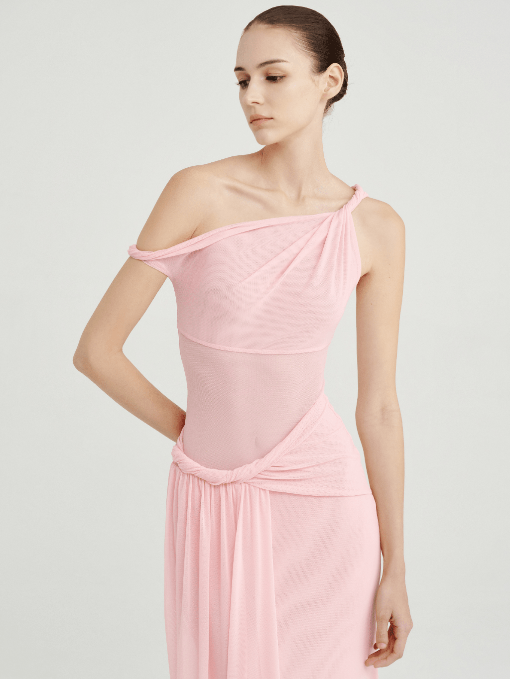 Mesh One-Shoulder Draped Gown by COCOSIN