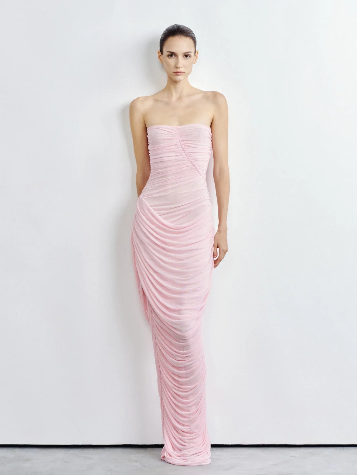 Strapless Ruched Mesh Gown by COCOSIN