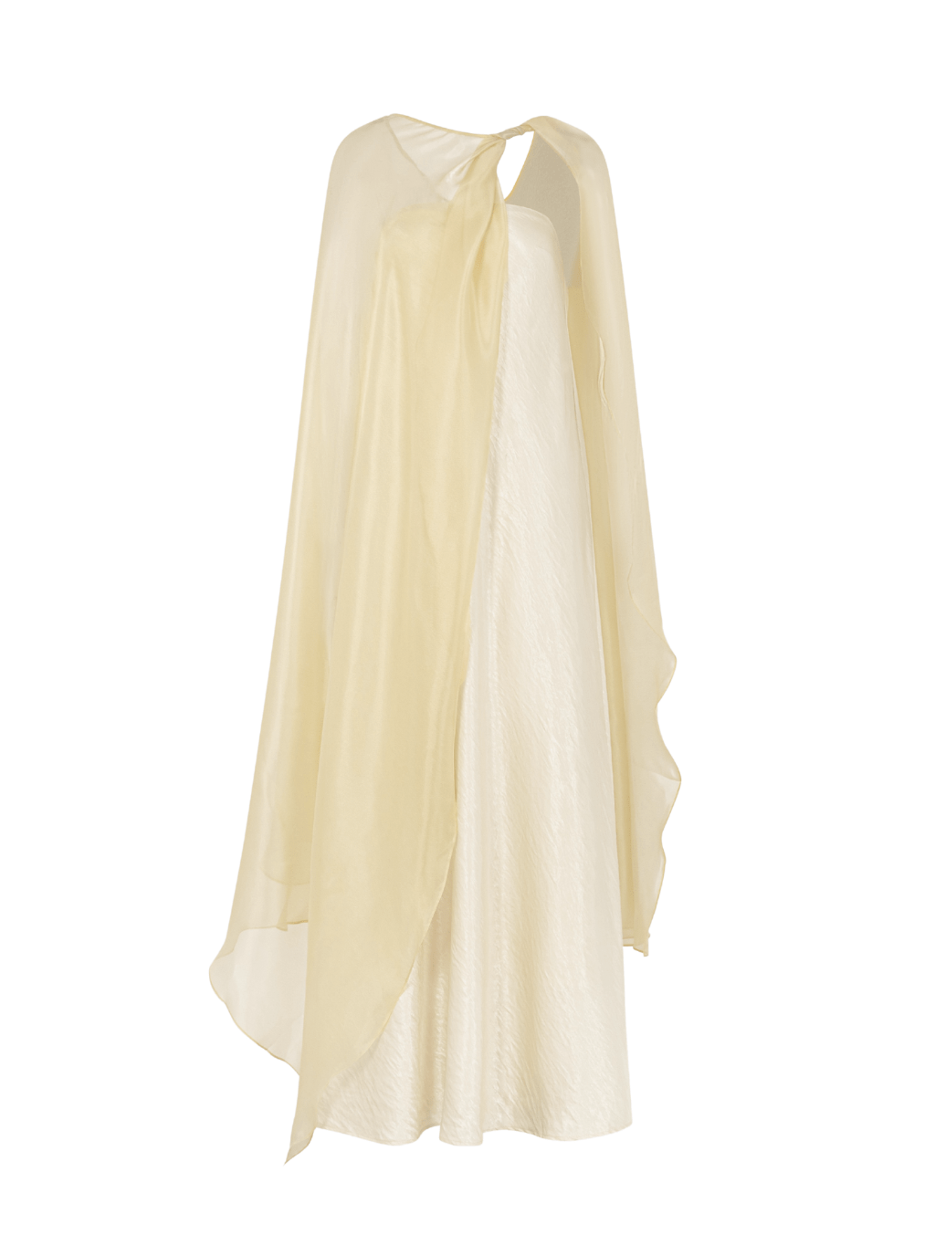 Strapless Satin Maxi Dress with Sheer Cape Overlay by COCOSIN