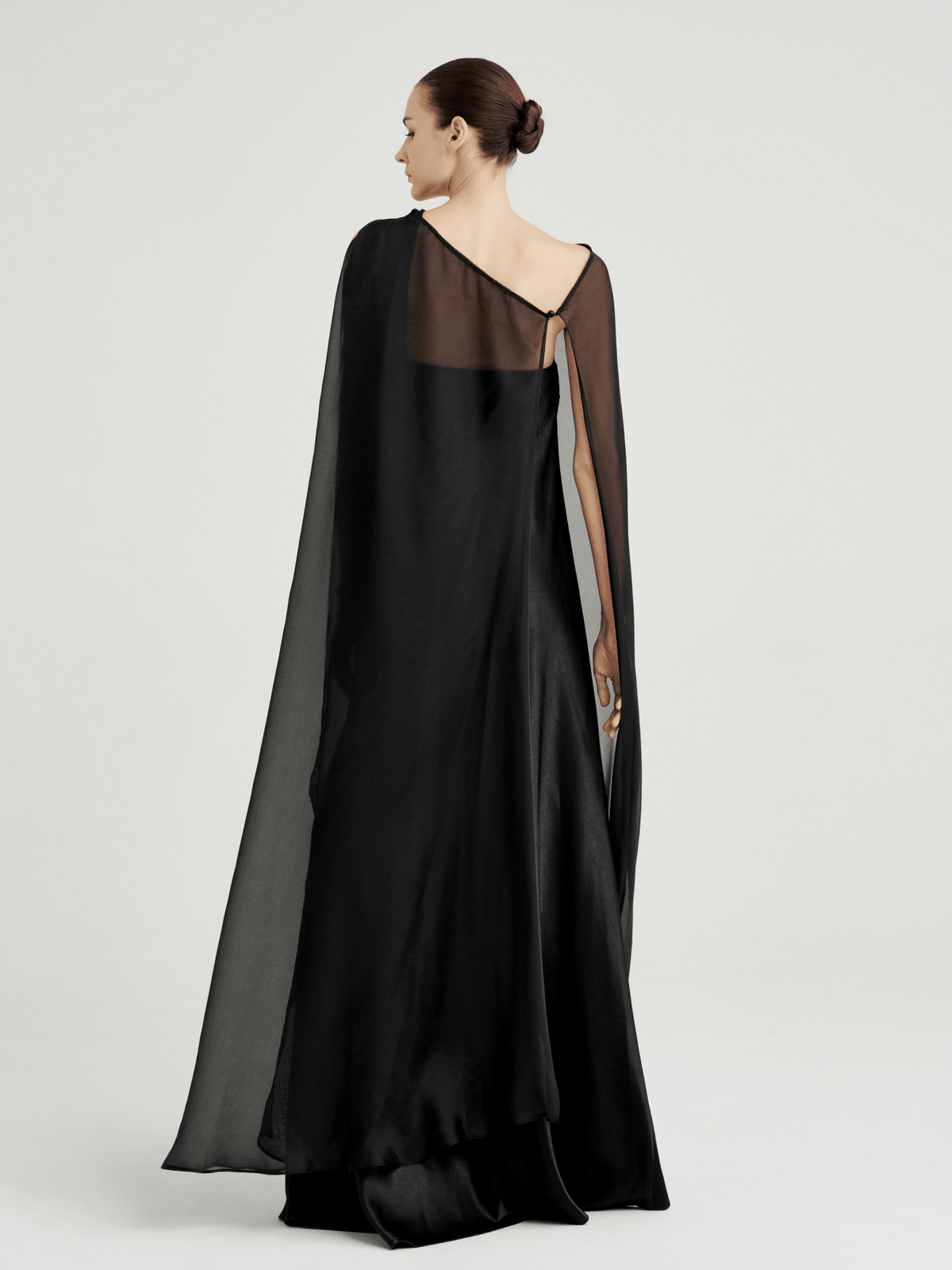 Strapless Satin Maxi Dress with Sheer Cape Overlay by COCOSIN