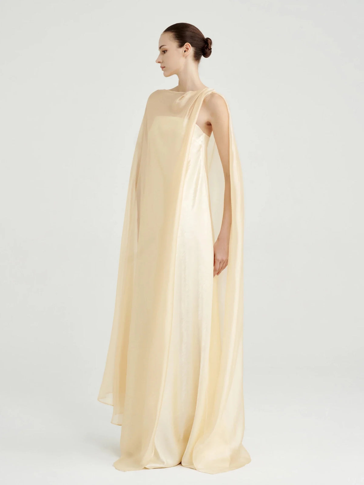 Strapless Satin Maxi Dress with Sheer Cape Overlay by COCOSIN