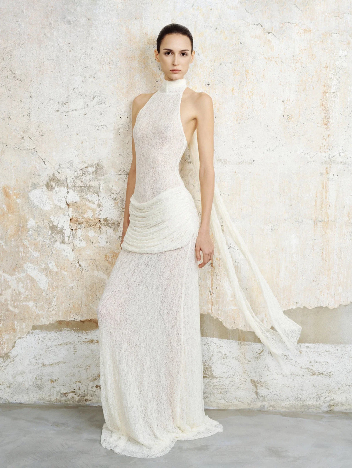Textured Lace Halter Gown by COCOSIN