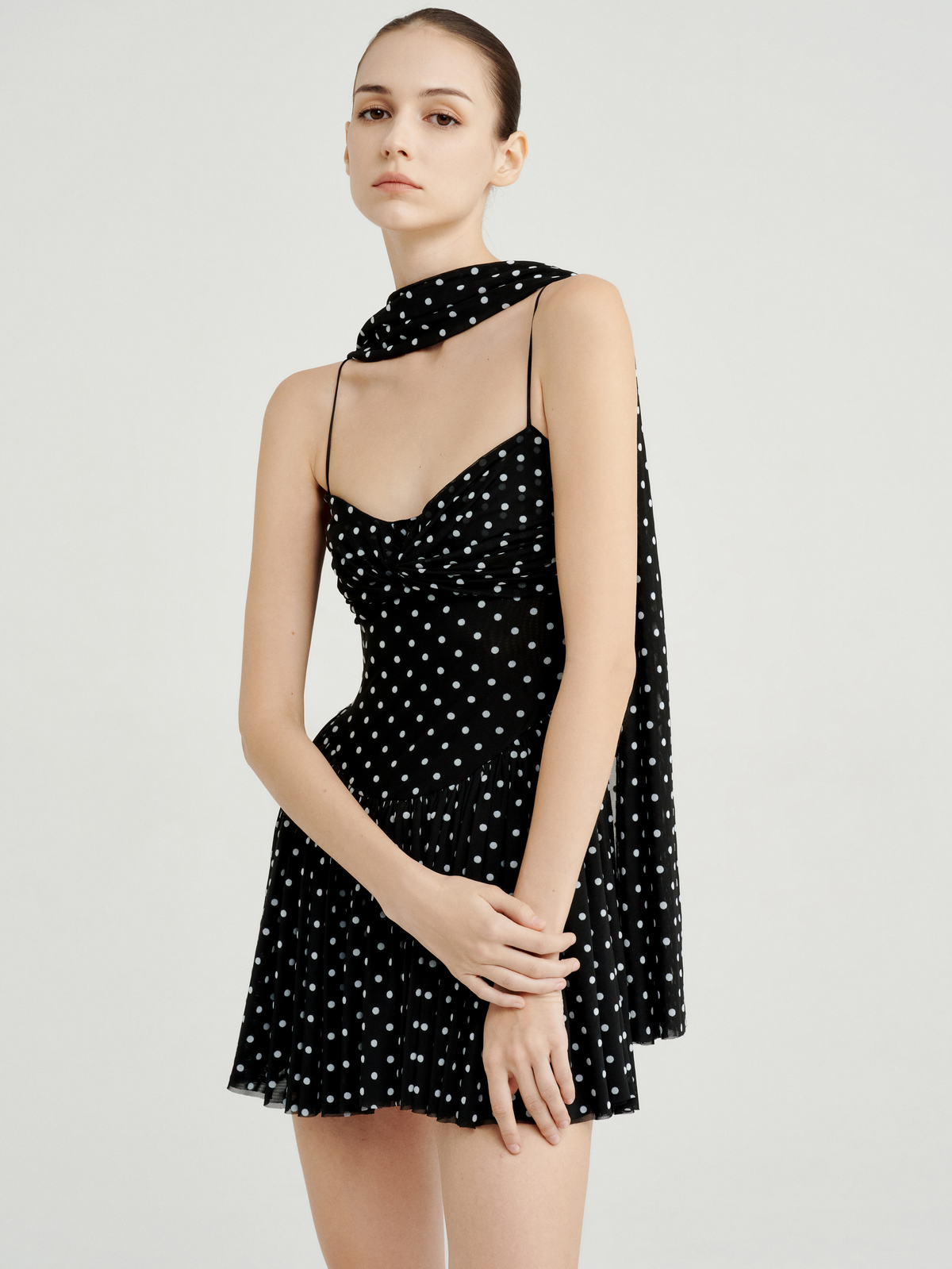 Polka Dots Mesh Ruched Mini Dress by COCOSIN