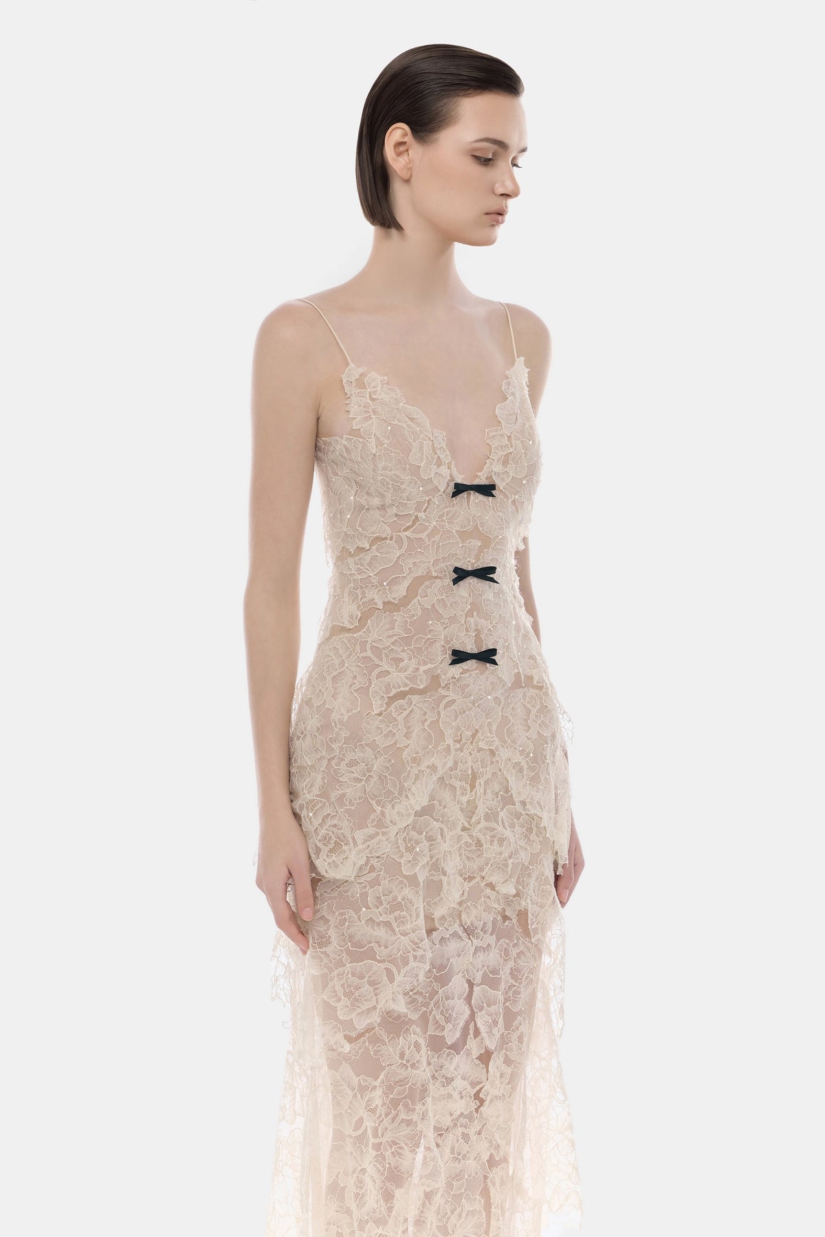 Beige Floral Bow Vneck Midi Dress by Montsand