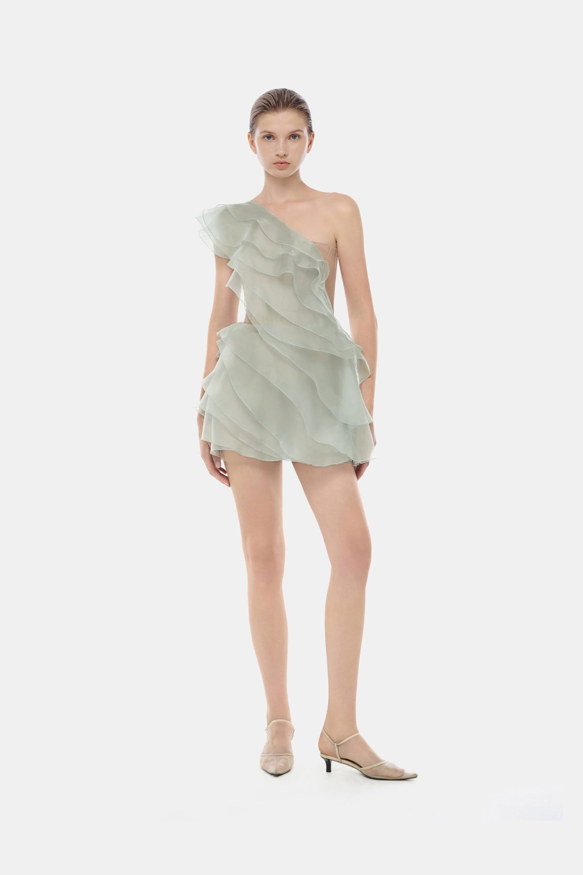 Mint Ruffle One-Shoulder Mini Dress by Montsand