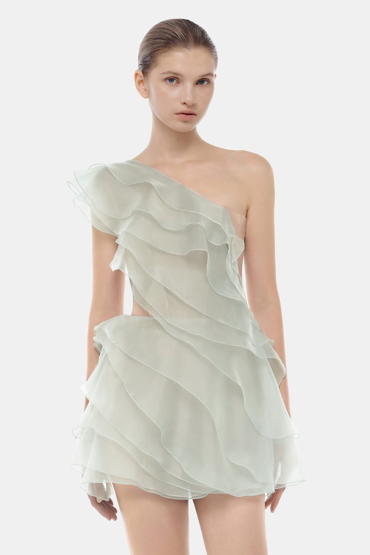 Mint Ruffle One-Shoulder Mini Dress by Montsand