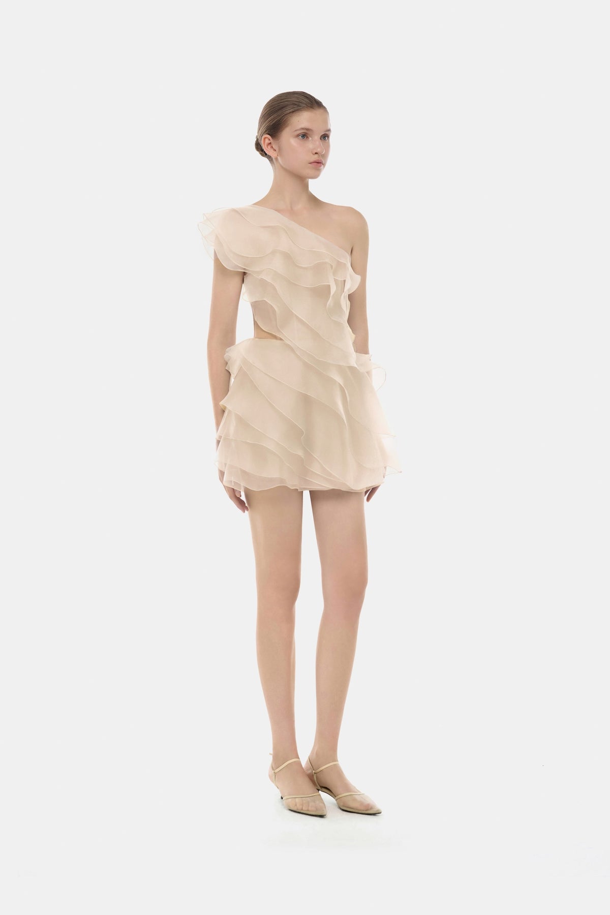 Beige Ruffle One-Shoulder Mini Dress by Montsand