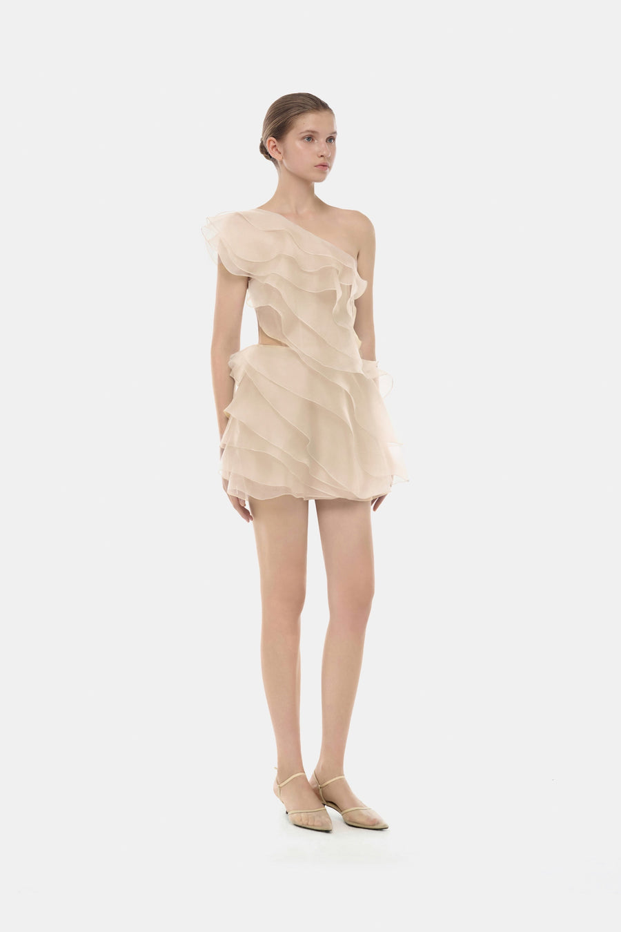 Beige Ruffle One-Shoulder Mini Dress