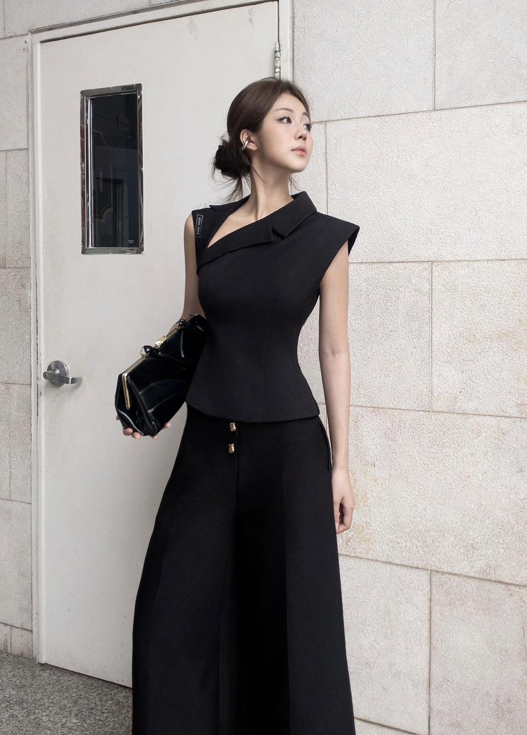 Black Diagonal Collar Top by Keira Tong