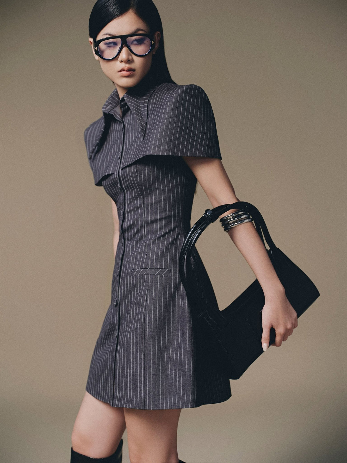 Grey Stripped Mini Shirt Dress by Keira Tong