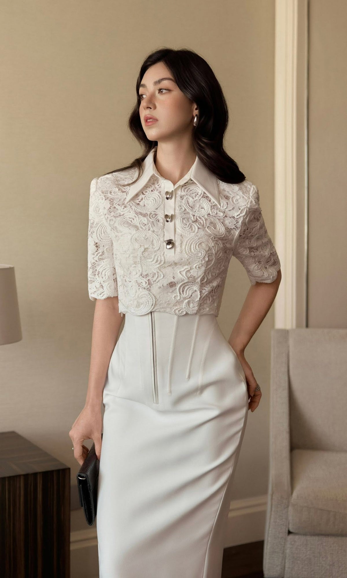 White Lace Cropped Shirt by Keira Tong