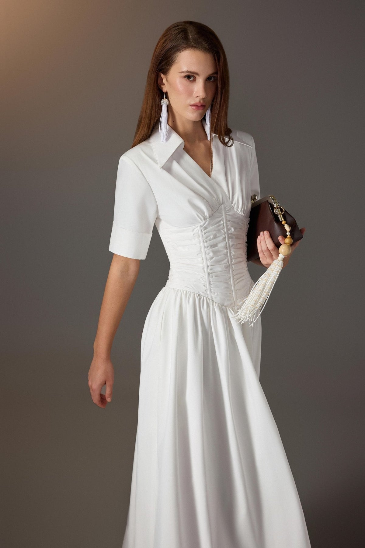 White Ruching Shirt Dress by Keira Tong