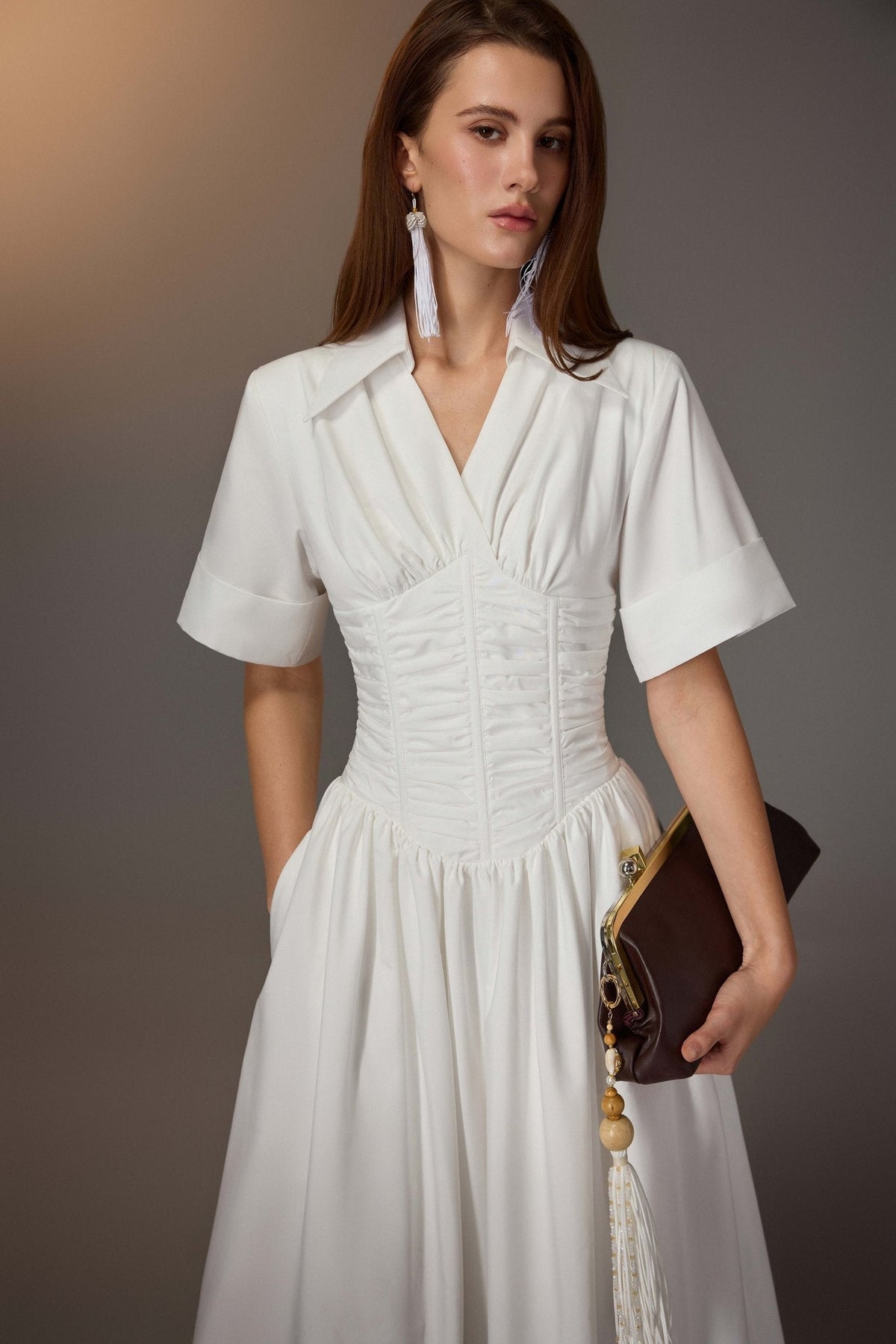 White Ruching Shirt Dress by Keira Tong
