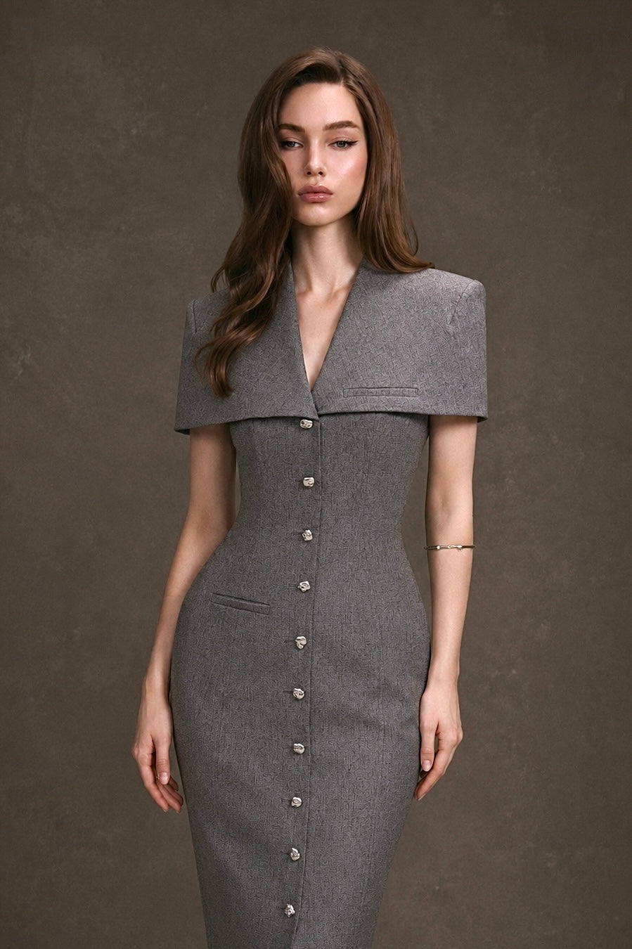 Gray Cape Buttons Dress by Keira Tong