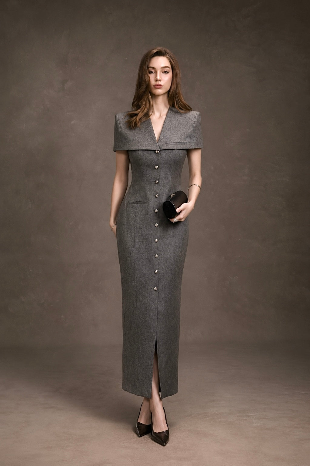 Gray Cape Buttons Dress by Keira Tong