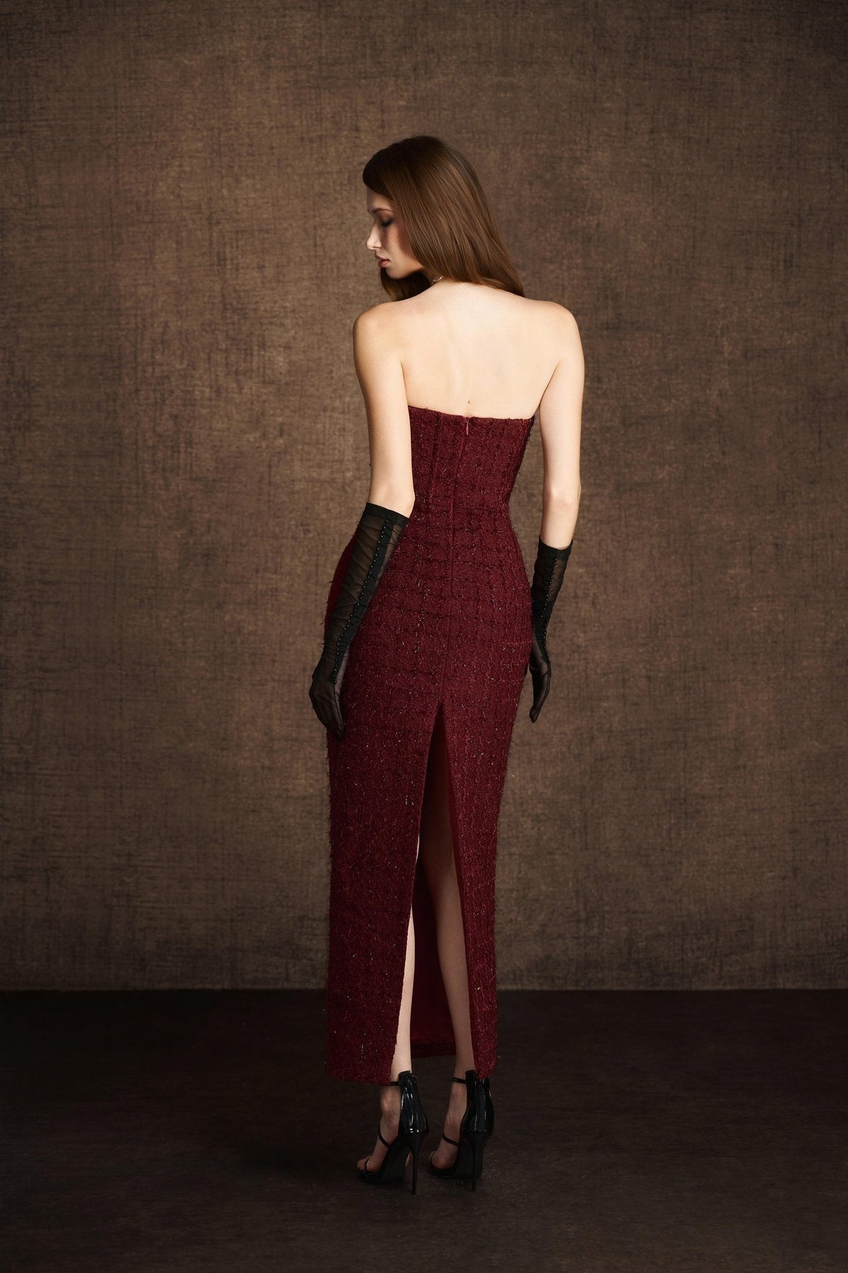 Red Bustier Tweed Dress by Keira Tong