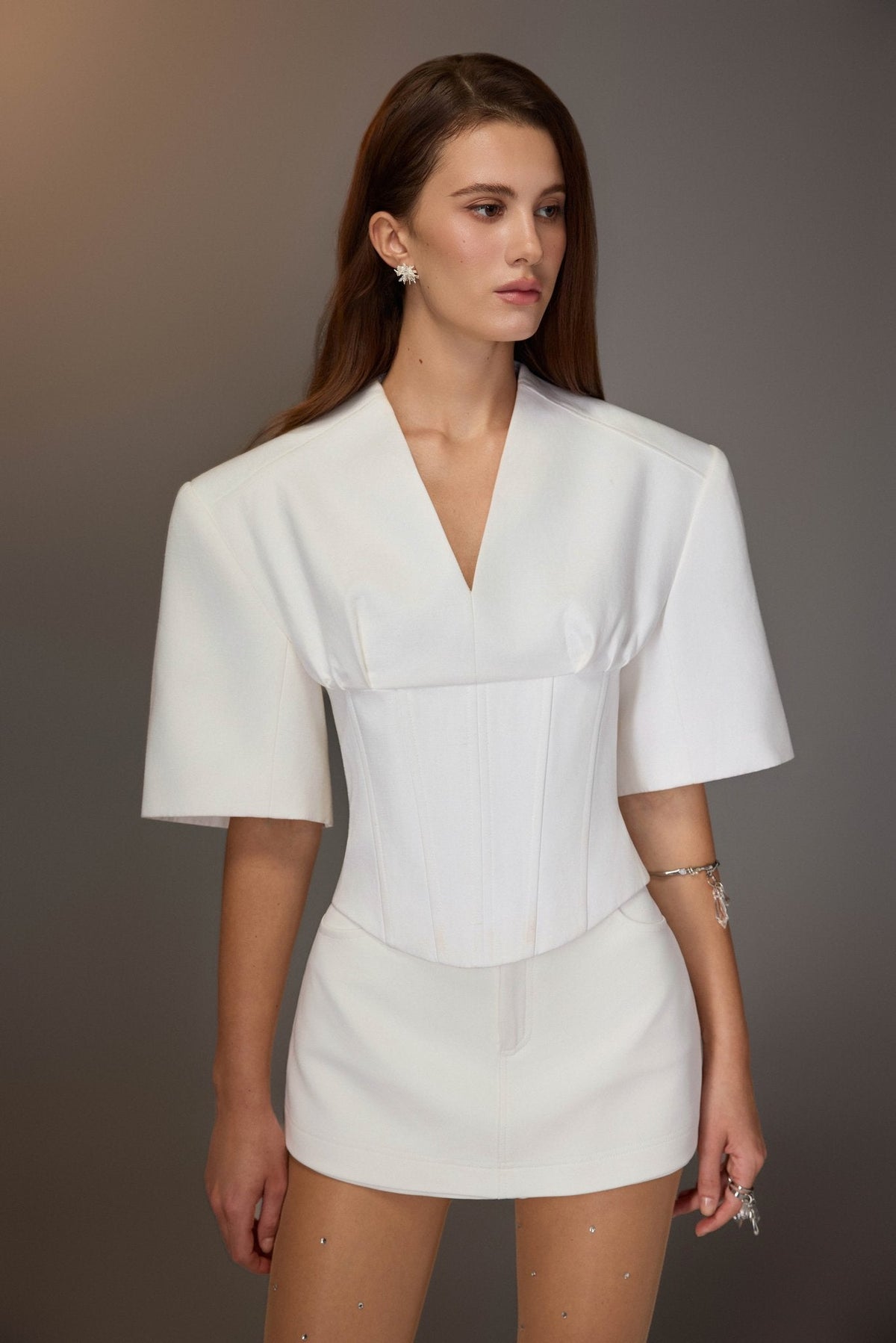 White Puff-sleeve Corset Top by Keira Tong