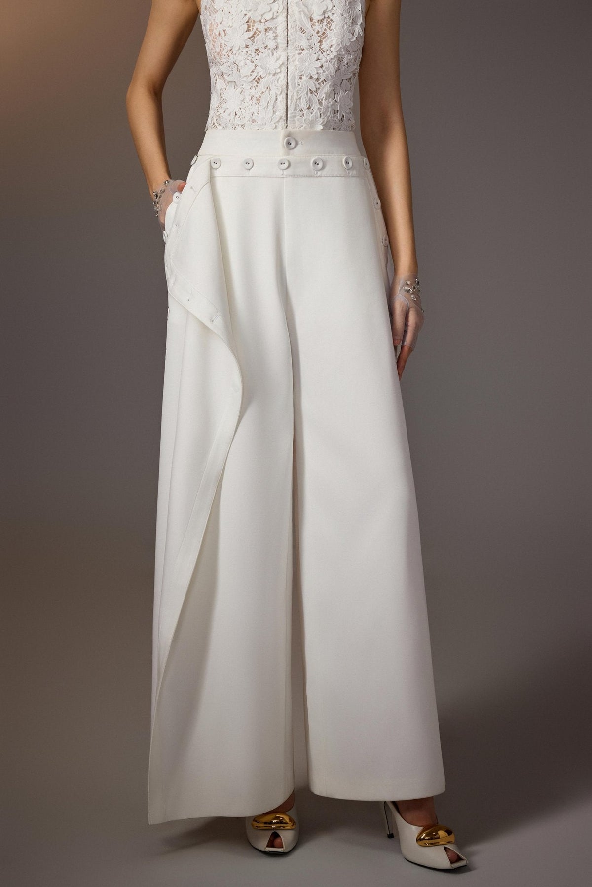 White Layered Buttons Pants by Keira Tong