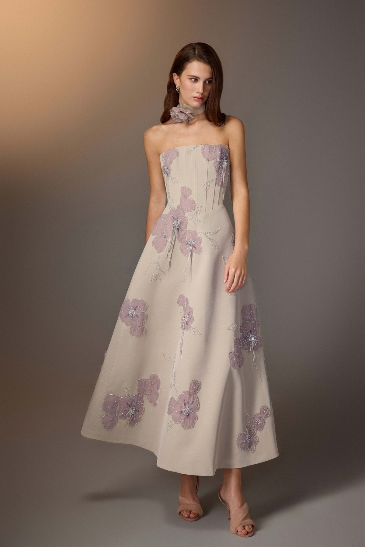 Beige Floral Embroidered Corset Dress by Keira Tong