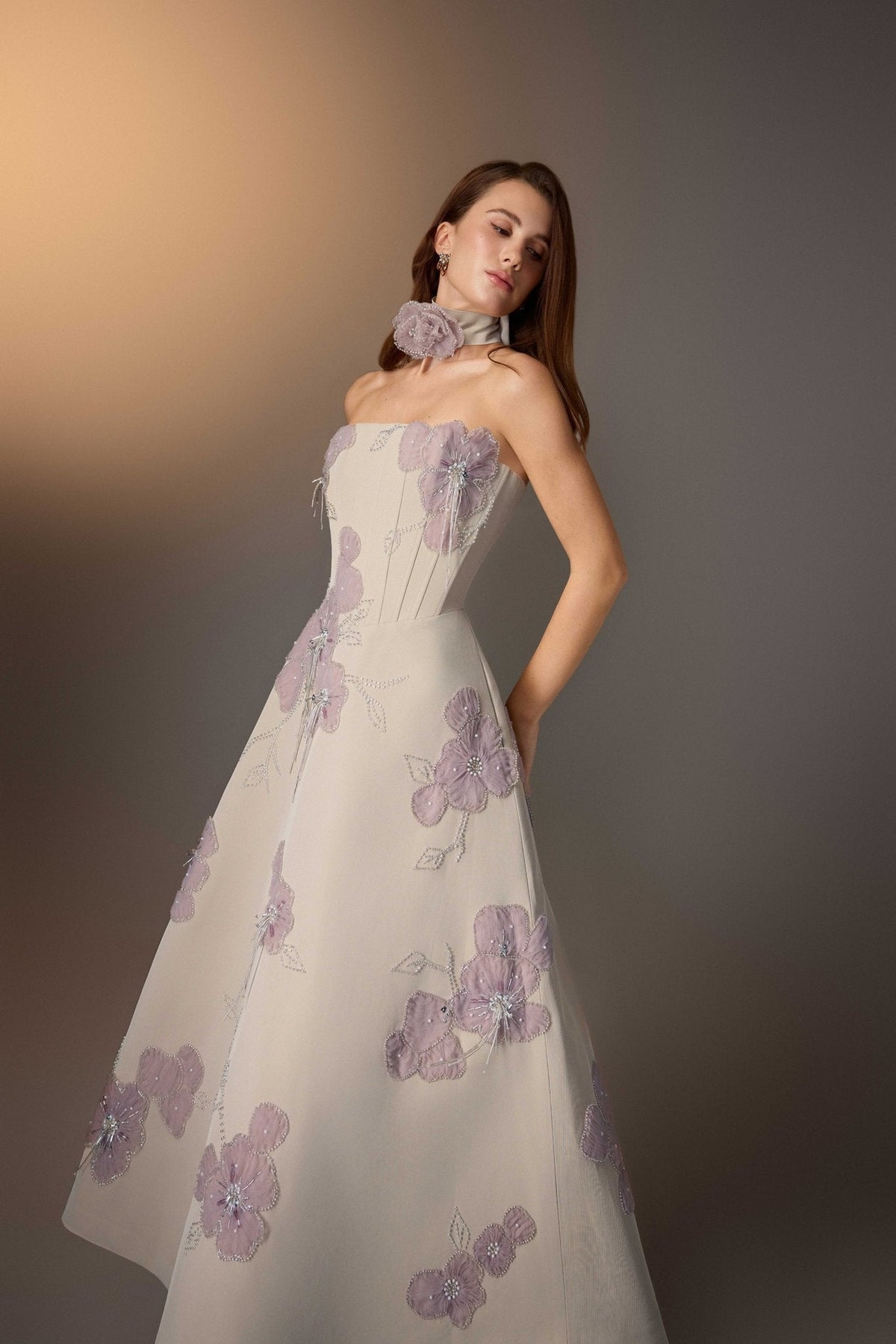 Beige Floral Embroidered Corset Dress by Keira Tong