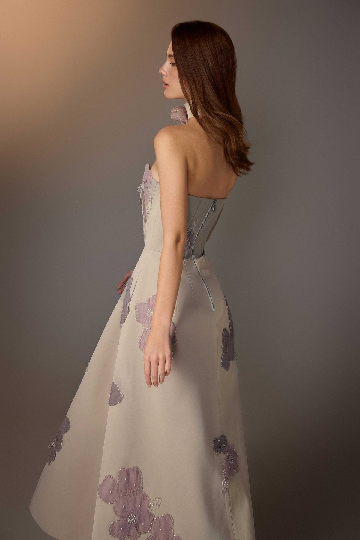 Beige Floral Embroidered Corset Dress by Keira Tong