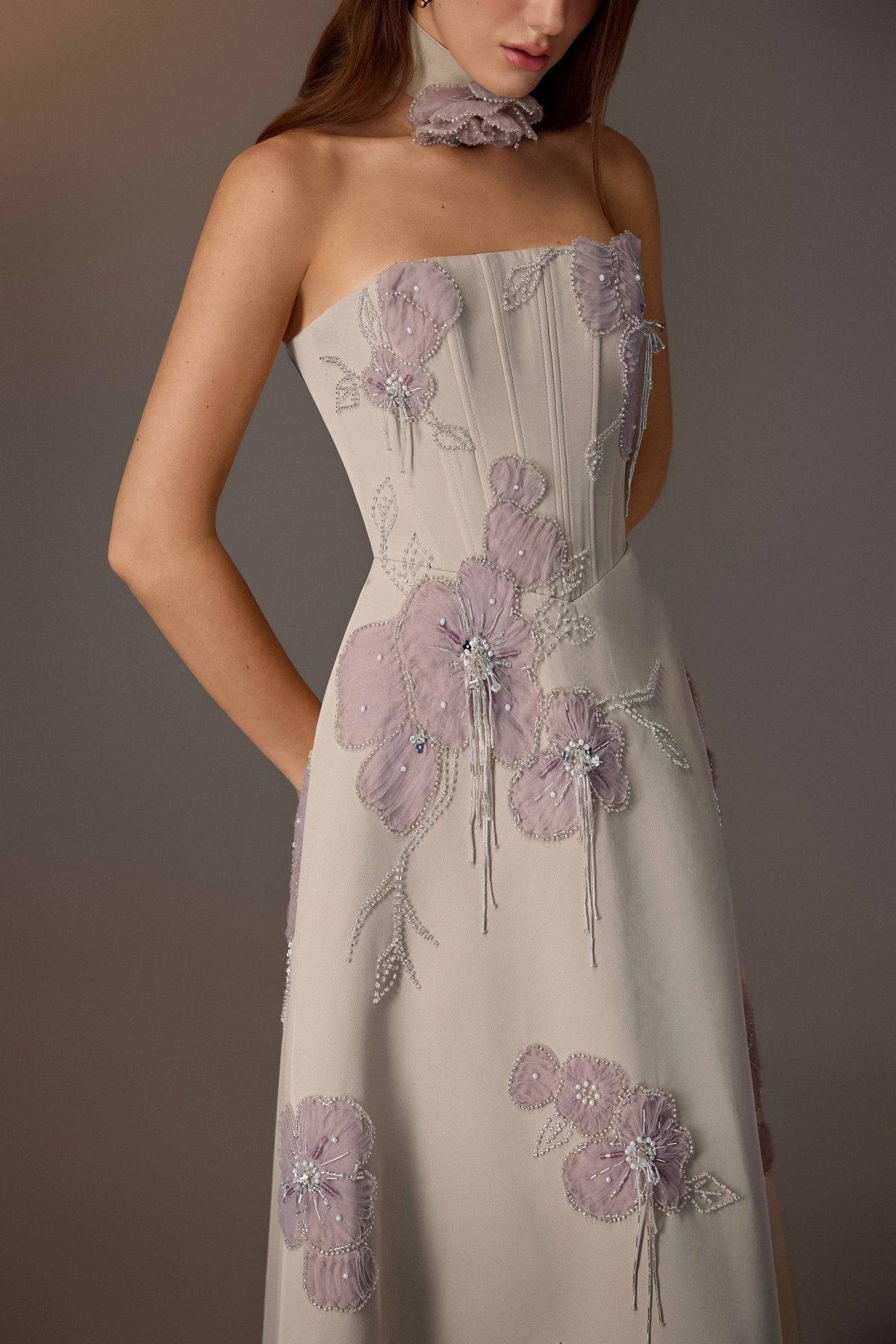 Beige Floral Embroidered Corset Dress by Keira Tong