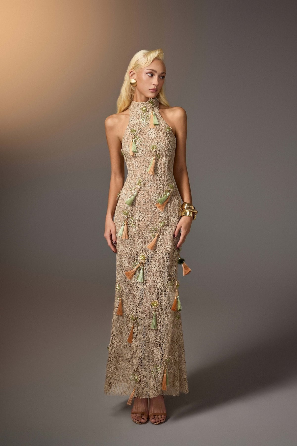Brown Tassel Embroidered Dress by Keira Tong